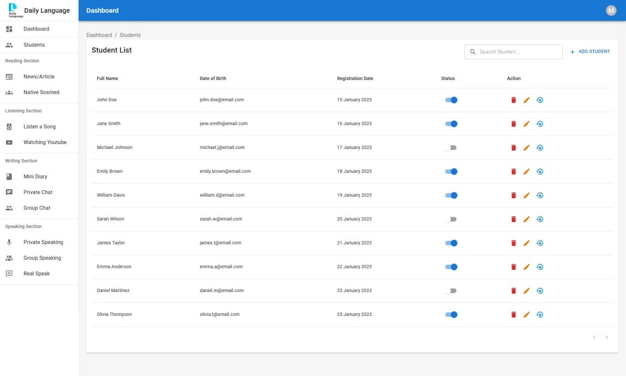 Daily Language Dashboard interface